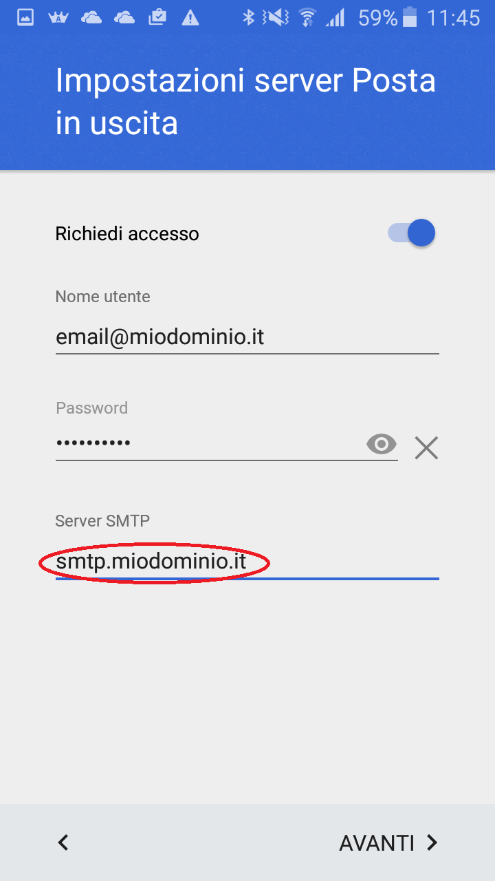 Configurazione server SMTP su Android