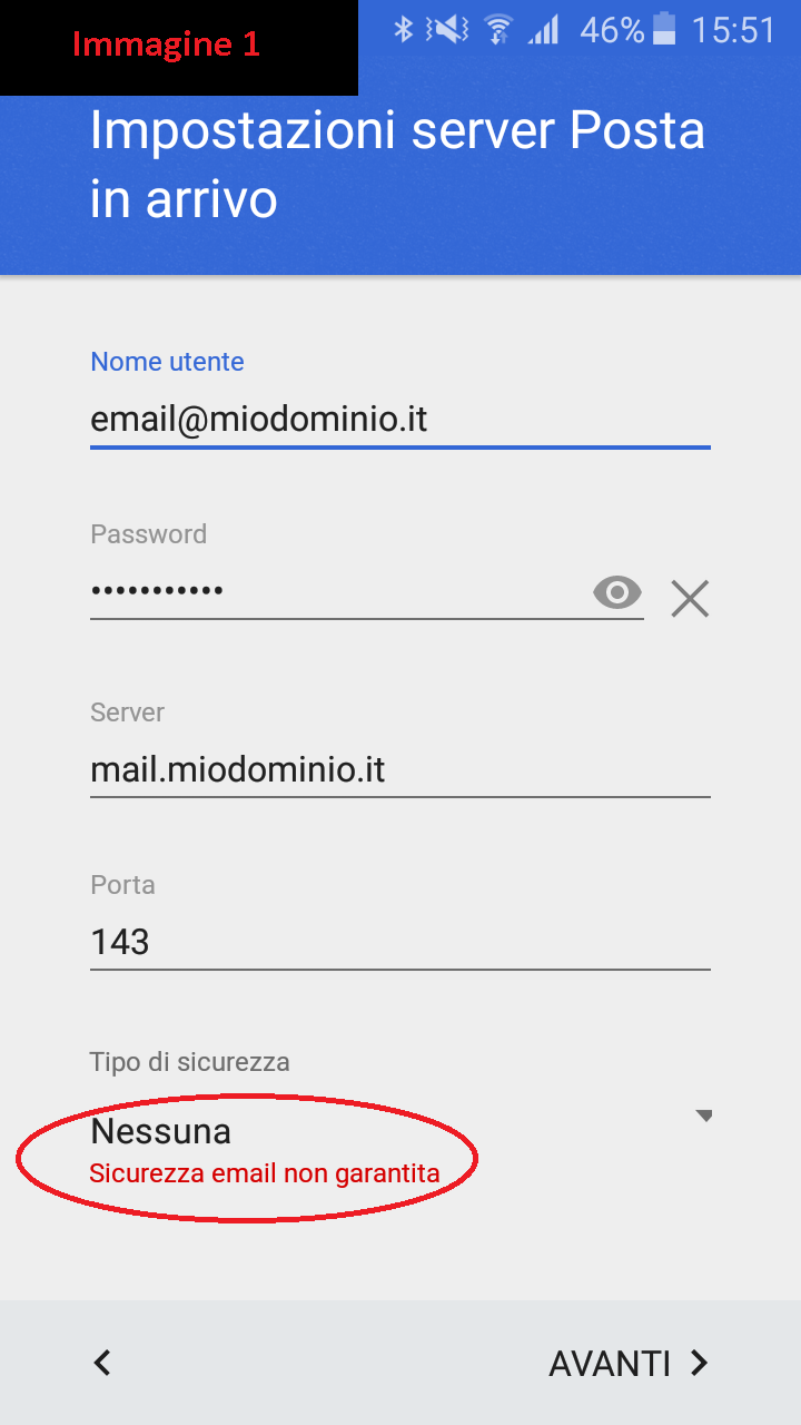 Scelta tipo di sicurezza IMAP su Android